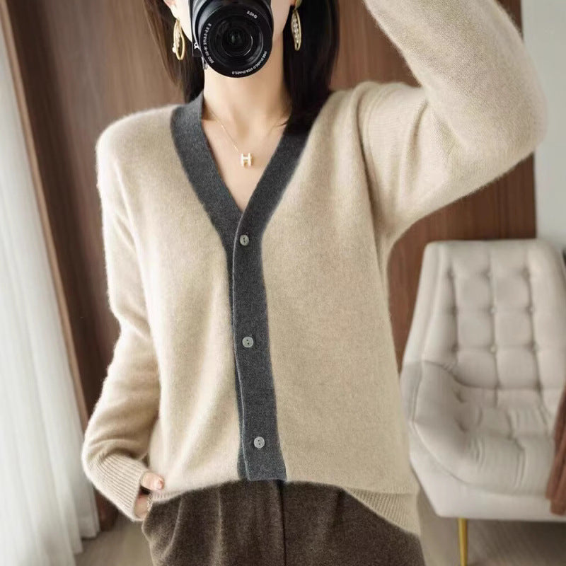 XIEYINSHE Lazy wind loose color matching knitted cardigan jacket women's New new v-neck age-reducing outer sweater top tide