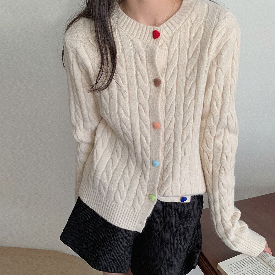 XIEYINSHE New Korean version of spring new solid-color round neck knitted cardigan colored love buckle soft waxy loose sweater women's top