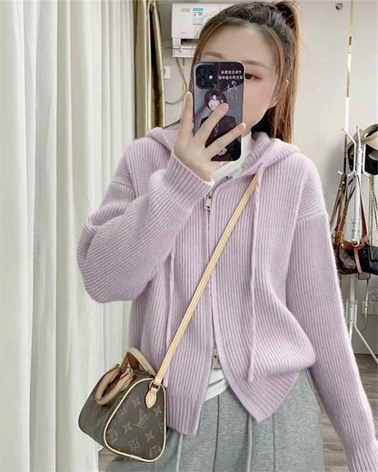 XIEYINSHE Hooded double zipper knitted cardigan autumn and winter new lazy style solid color top women's loose version thickened sweater jacket