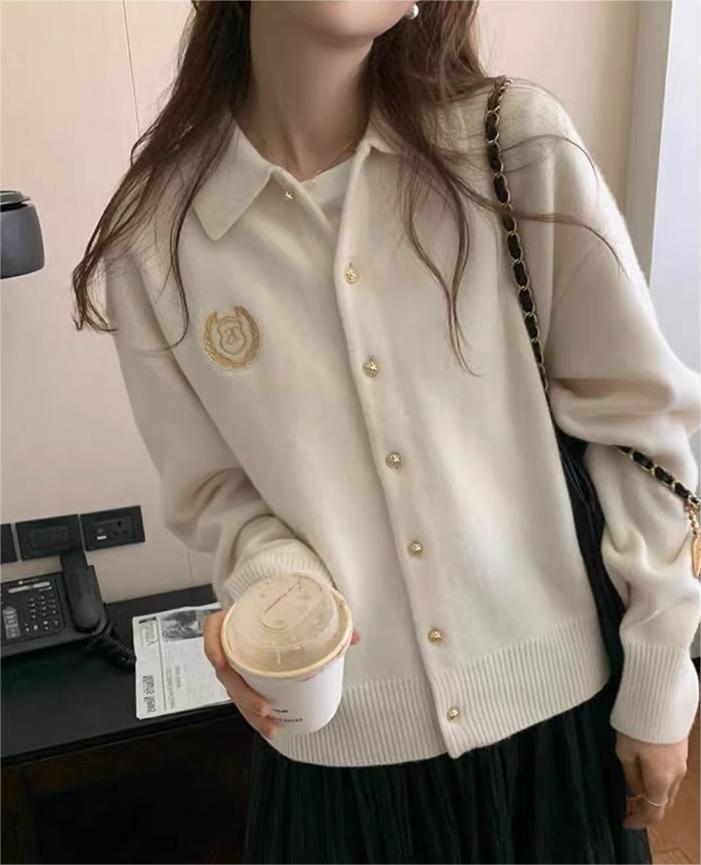 XIEYINSHE College style POLO neck embroidered sweater jacket women's autumn casual loose retro loose lazy style knitted sweater top