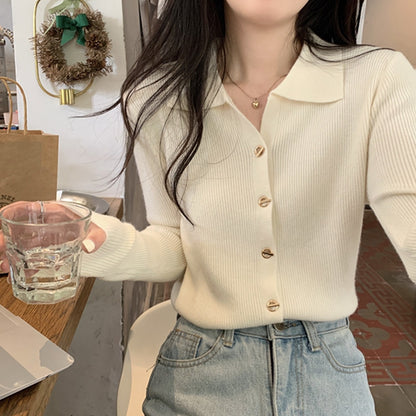 XIEYINSHE New Spring and Autumn POLO Neck Knitted Cardigan Top Korean Simple Fashion Slim-fit Solid Color Sweater Women's Single Wear Outside