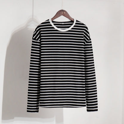 XIEYINSHE Cross-border, long-sleeved striped T-shirt, 2025 New spring fashion trend versatile casual round neck pure cotton striped T-shirt