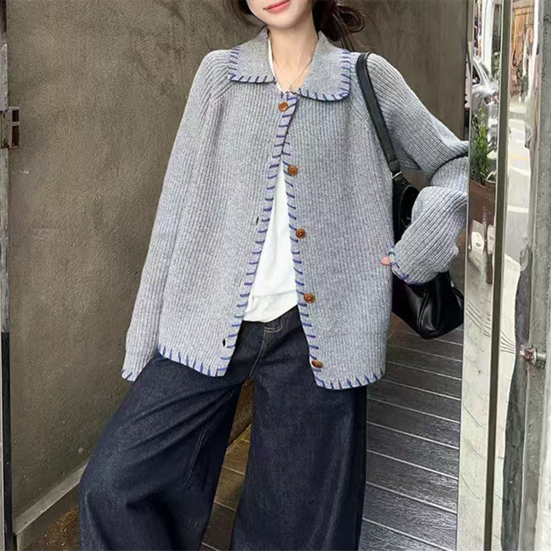 XIEYINSHE Design sense contrasting color lapel sweater jacket autumn and winter Korean lazy loose and thin knitted cardigan women's outerwear top