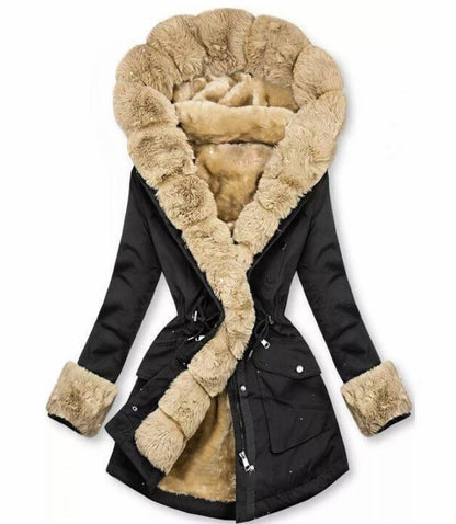 European and American coats, sweater collar coats, cross-border autumn and winter women's clothing, warm fur collar hooded jacket