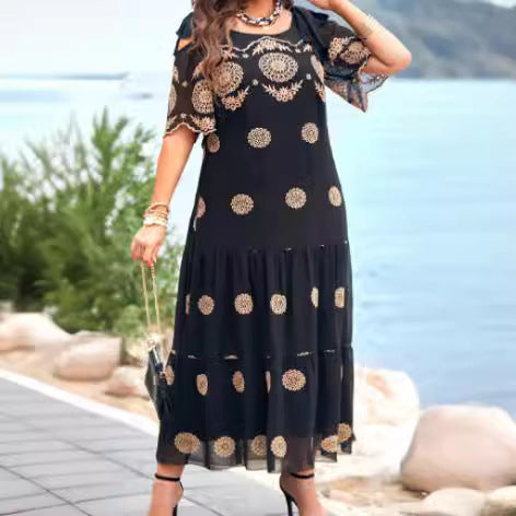 XIEYINSHE  Cross-Border Summer Fashion New Middle-Aged Mom Hollow Dress Short Sleeve Loose Overknee Printed Dress