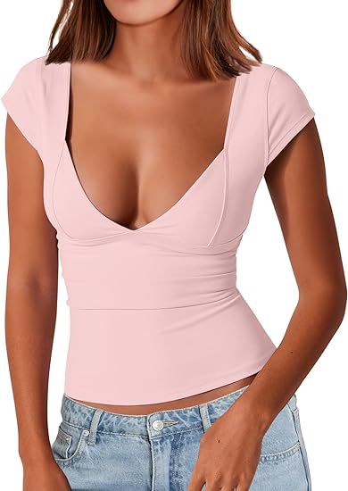 XIEYINSHE  Cross-Border Fashion Queen Women's Sexy Deep V-neck Backless Top Short Sleeve Slim Fit T-shirt Basic