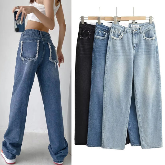 Hot Girl Ins Personalized Brushed Pocket High Waist Wide-Leg Jeans Women's Loose Slimming and Straight Mop Denim Trousers