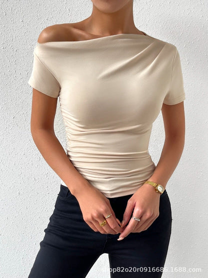 Cross Border  Independent Station Spring and Summer New  Slim Fit Pleating Irregular Short Sleeve T-shirt Top