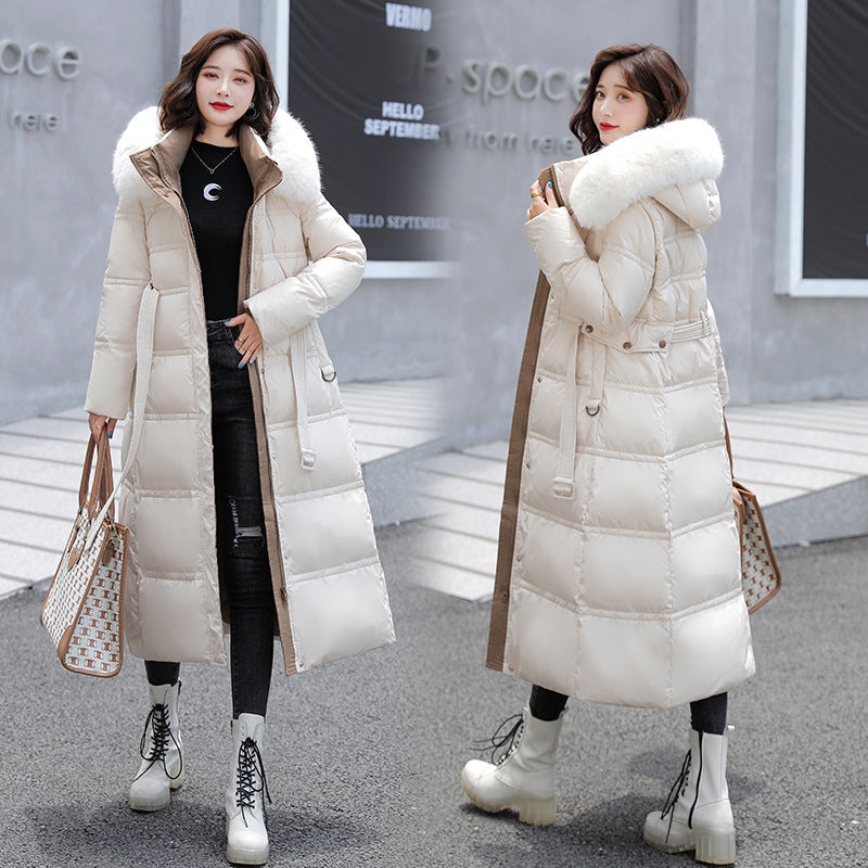 2023 winter new European and American down cotton clothes women's long over-knee big fur collar Korean version slim and thin belt cotton-padded clothes