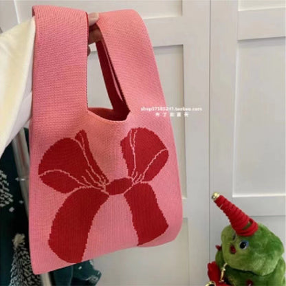 XIEYINSHE INS Internet-Famous Tote Women's Knitted Wool Bucket Bag Japanese and Korean Style All-Match Hand Carrying Casual Tote Bag Box Lunch Bag