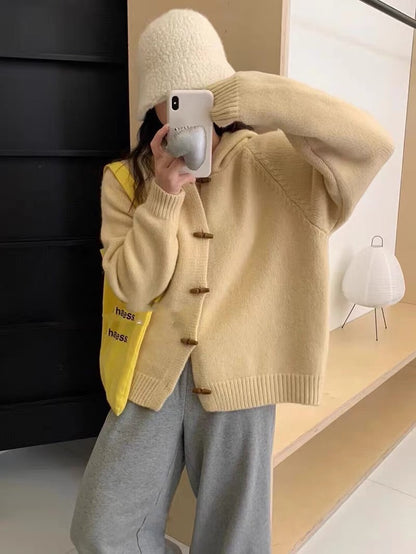 XIEYINSHE Spot autumn and winter hooded knitted sweater top solid color women's version lazy style solid color loose casual sweater cardigan jacket