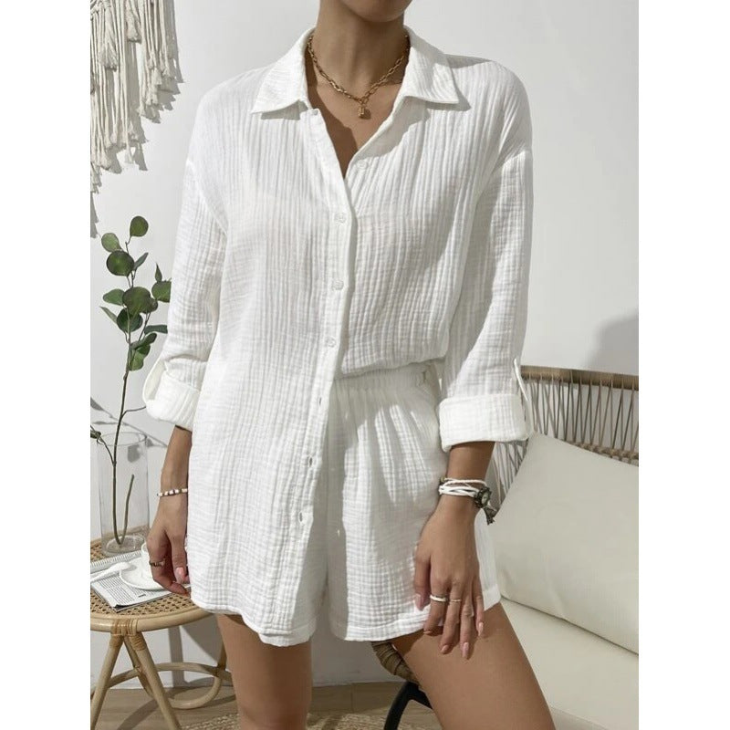 XIWYINSHE Cross-Border  European and American Women's Clothing Spring/Summer Fashion Solid Color Long Sleeve Shirt Outfit Women's Casual Loose Shorts Two-Piece Set