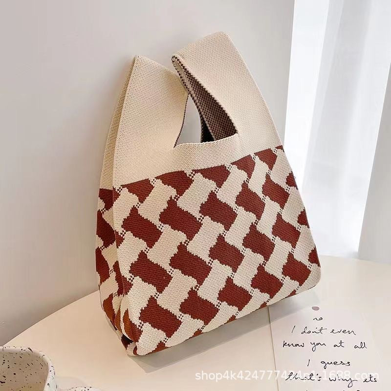 XIEYINSHE INS Internet-Famous Tote Women's Knitted Wool Bucket Bag Japanese and Korean Style All-Match Hand Carrying Casual Tote Bag Box Lunch Bag