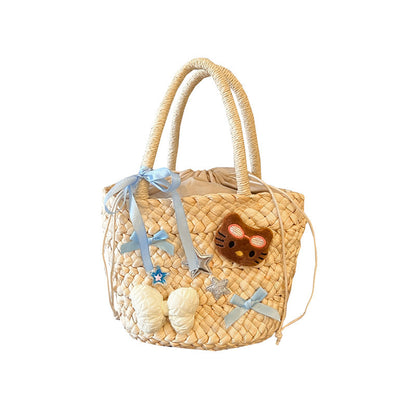 XIEYINSHE Straw Bag Bag Women's Summer Woven Bag Women's Seaside Drawstring Hand-Carrying Bag Korean Style Versatile Vegetable Basket Bag