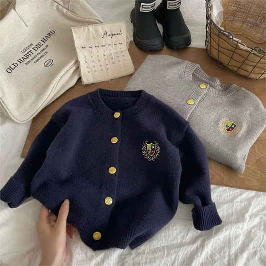 Internet celebrity children's sweater cardigan new boys and girls college style knitted top embroidered solid color versatile coat