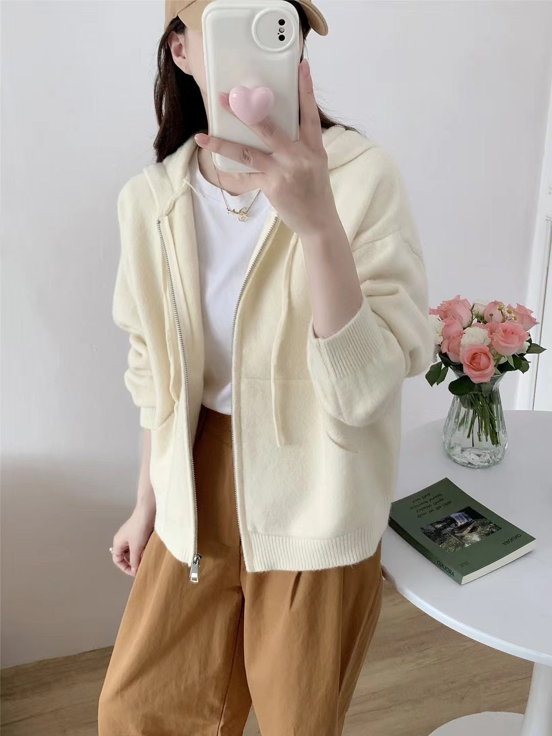 XIEYINSHE Autumn and winter new solid color hooded pocket knitted cardigan jacket double zipper casual lazy wind sweater top women