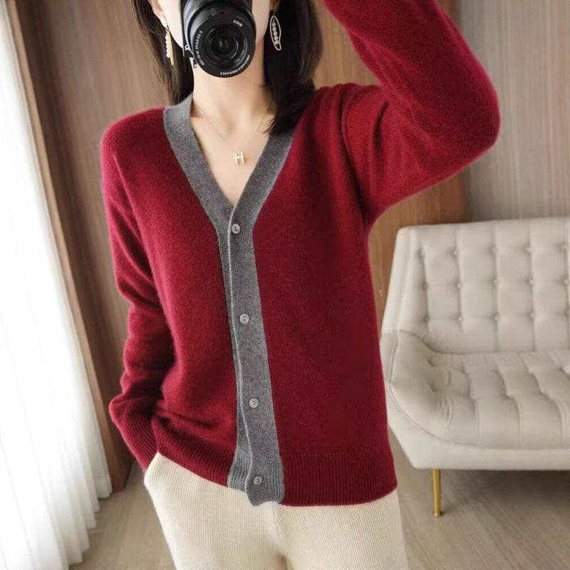 XIEYINSHE Lazy wind loose color matching knitted cardigan jacket women's New new v-neck age-reducing outer sweater top tide