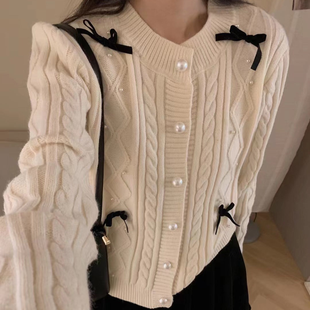 XIEYINSHE Autumn new product red soft waxy beaded sweater sweet knitted cardigan high-end twist short versatile coat women