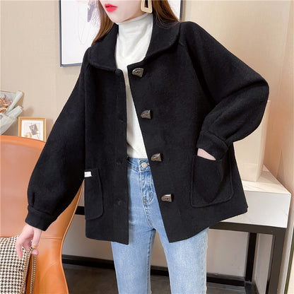 XIEYINSHE New autumn new knitted cardigan women's horn buckle imitation double-sided tweed coat Korean version loose thickened woolen coat