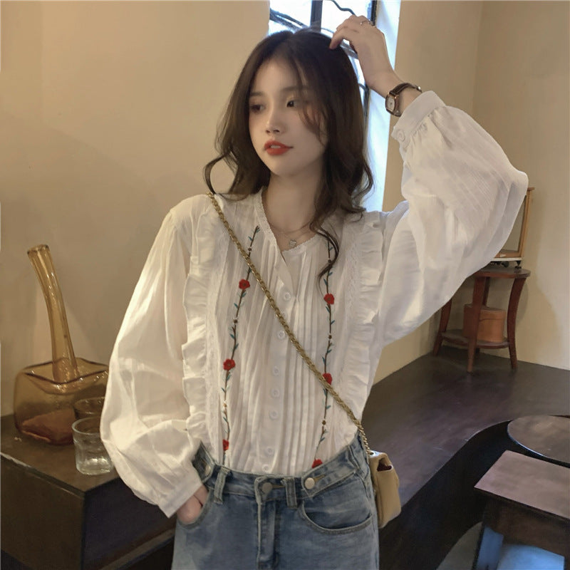 XIWYINSHE Wooden Ear Embroidered Shirt Autumn  New Design Sense  Minority Loose Outer Wear Shirt Women's Shirt Fashion