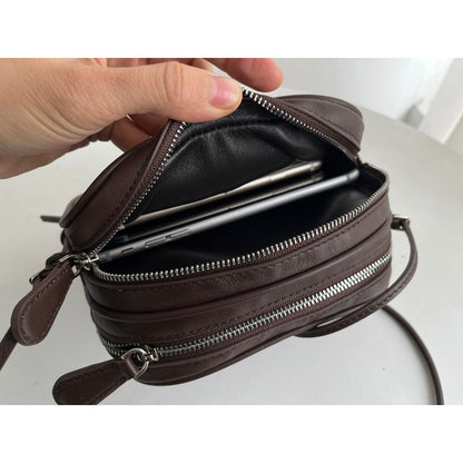 XIEYINSHE Double-Grid Camera Bag ~ Full-Layer inside and outside ~ Special-Interest Design Double-Layer Cowhide Leather Single-Shoulder Bag Simple Crossbody Small Square Bag 2024