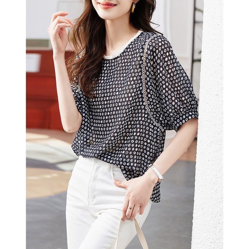 XIWYINSHE Dotted Prints Short-Sleeved Shirt for Women  Summer New Lace Patchwork round Neck Graceful and Fashionable Top