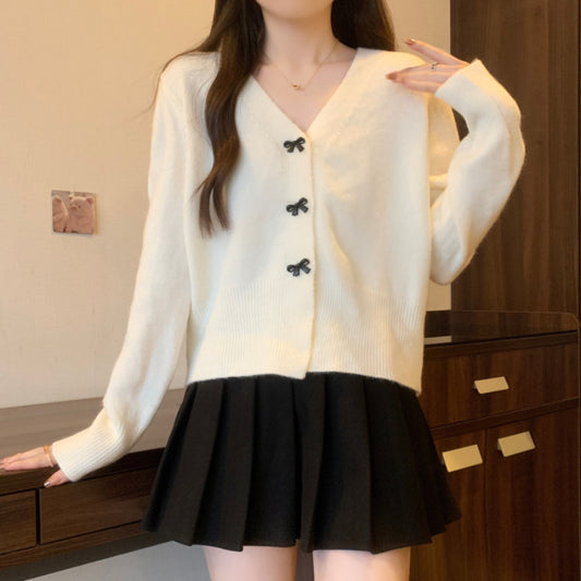 XIEYINSHE Korean version of V-neck fashion loose solid color knitted cardigan women's New autumn and winter new bow thin short sweater