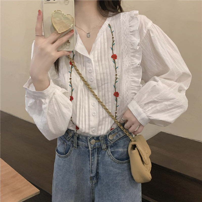 XIWYINSHE Wooden Ear Embroidered Shirt Autumn  New Design Sense  Minority Loose Outer Wear Shirt Women's Shirt Fashion