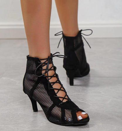 Cross-Border European and American New Black Mesh Suede Fashion Cross Bandage Sexy Women's High Heel plus Size Shoes