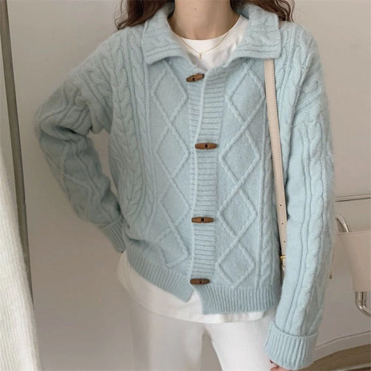 XIEYINSHE Retro lapel knitted cardigan women's twist horn buckle Japanese soft waxy autumn and winter new loose sweater women's coat