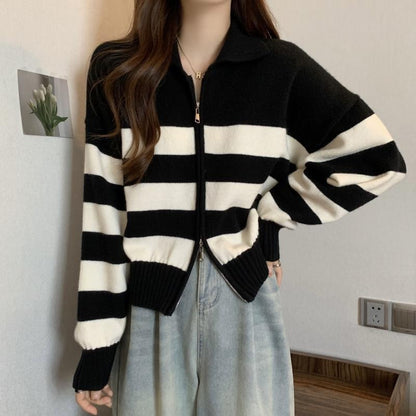 XIEYINSHE Striped knitted cardigan women's spring and autumn  lapel top loose lazy wind double zipper winter sweater versatile outside