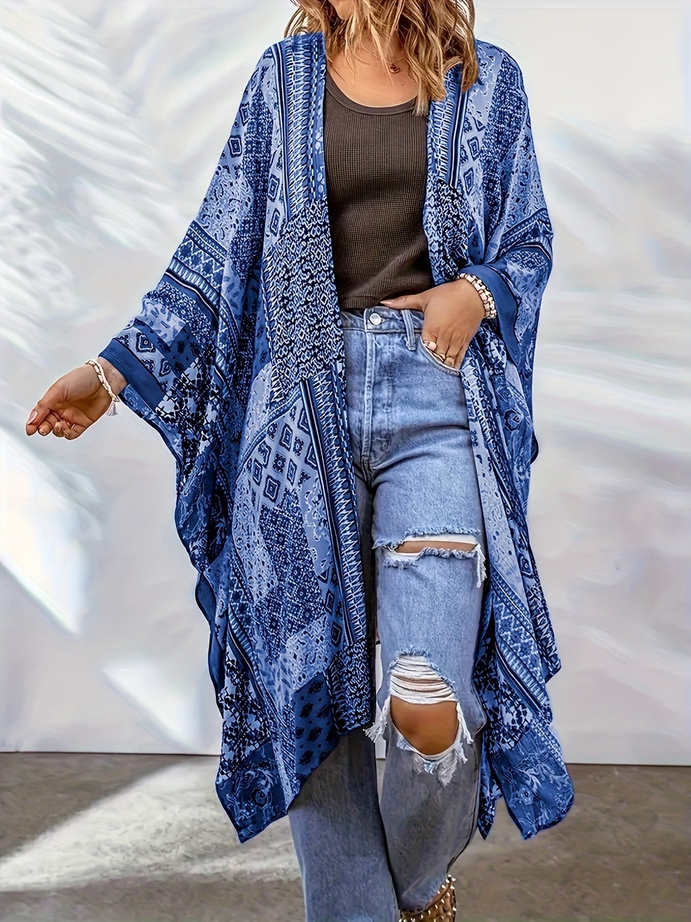 xieyinshe  Plus Size Boho Coat, Women's Plus Scarf Print Batwing Sleeve Open Front Cardigan Coat