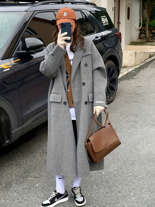 xieyinshe Double Breasted Lapel Coat, Casual Long Sleeve Fall & Winter Outerwear, Women's Clothing