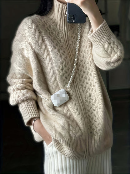 xieyinshe Cable Knit Zip Up Loose Cardigan, Casual Long Sleeve Turtle Neck Sweater Coat, Women's Clothing