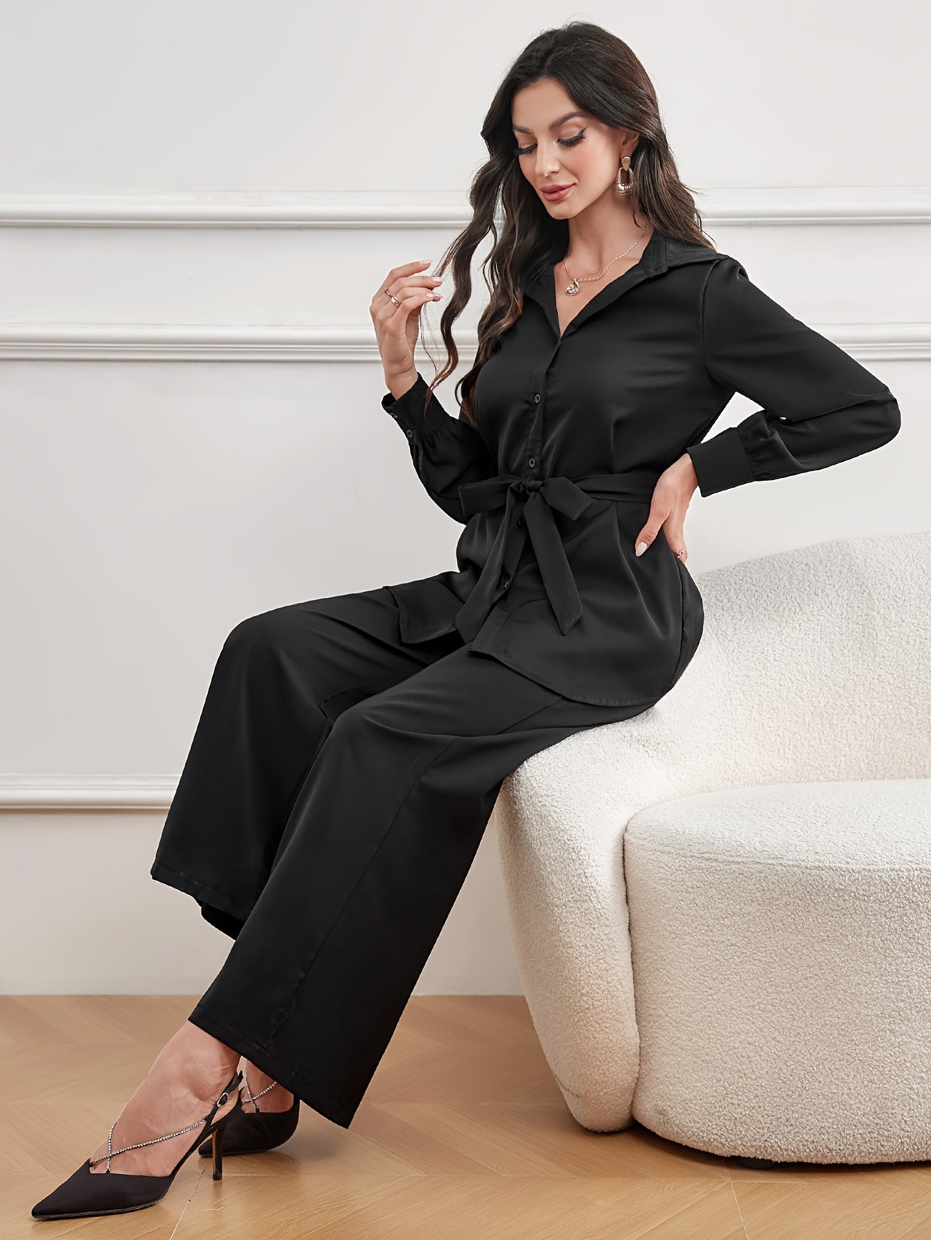 xieyinshe  Casual Solid Two-piece Set, Polo Collar Tie Waist Long Sleeve Top & Wide Leg Pants Outfits, Women's Clothing