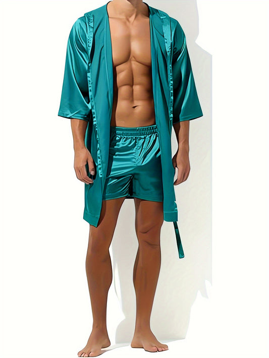 Luxurious Mens 2-Pc Sleepwear Set - Soft Hooded Robe & Comfortable Pajamas with Shorts - Premium Night Loungewear for Ultimate Relaxation