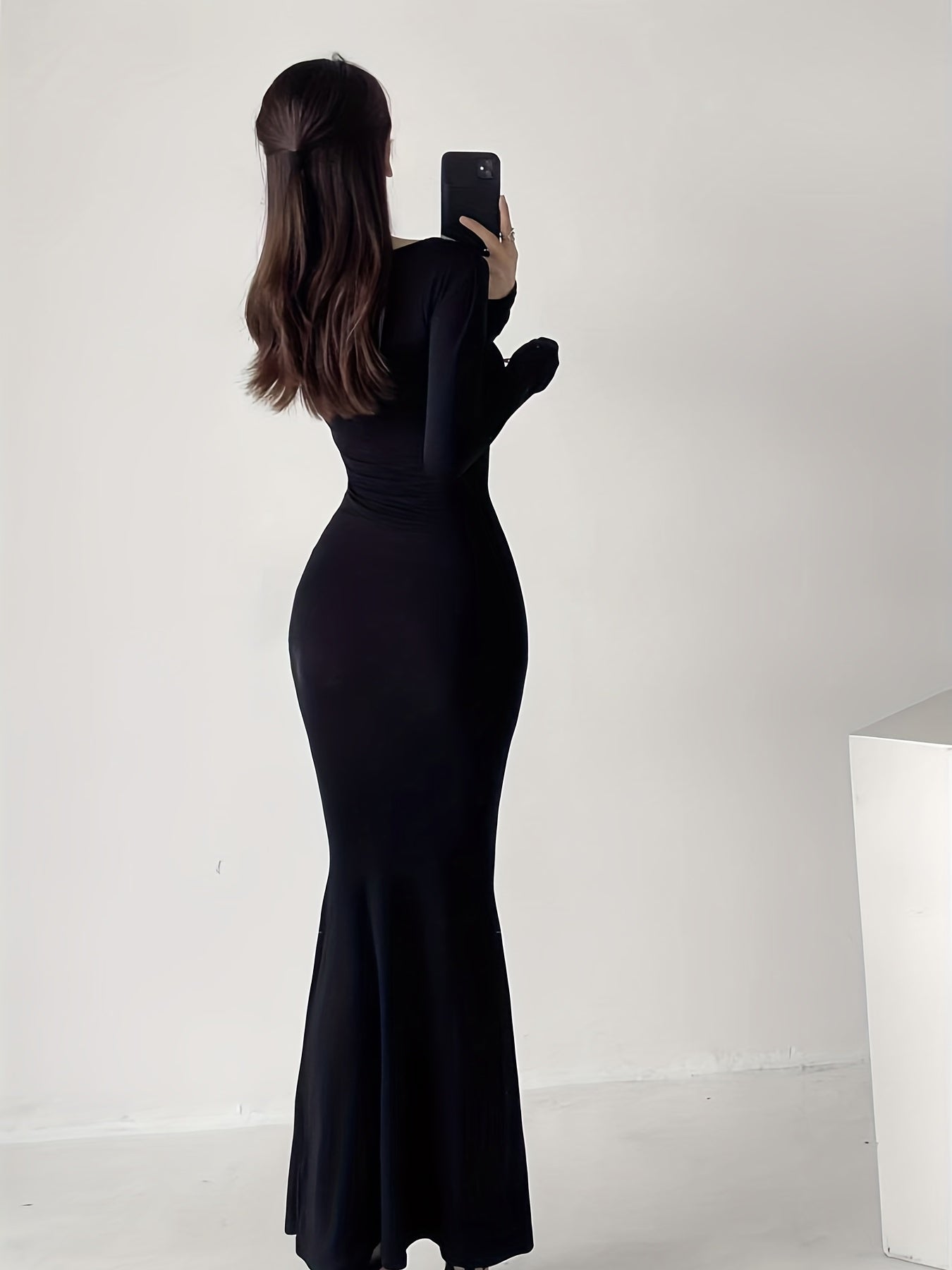 Squared Neck Solid Dress, Elegant Bodycon Long Sleeve Mermaid Hem Dress, Women's Clothing