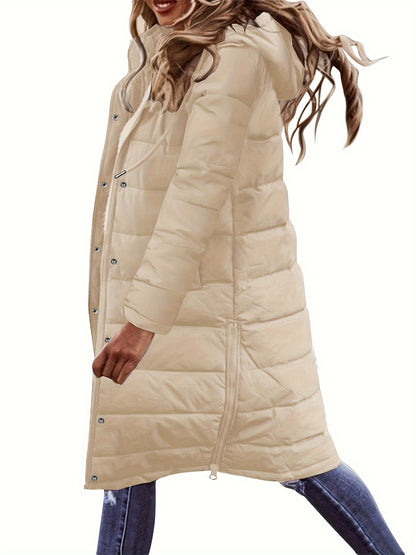 Button Front Hoodie Puffy Coat, Casual Long Sleeve Warm Outwear For Winter, Women's Clothing