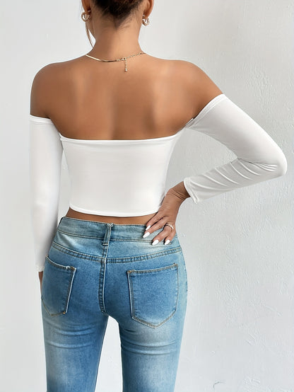 xieyinshe  Off Shoulder Crop T-Shirt, Casual Long Sleeve Top For Spring & Fall, Women's Clothing