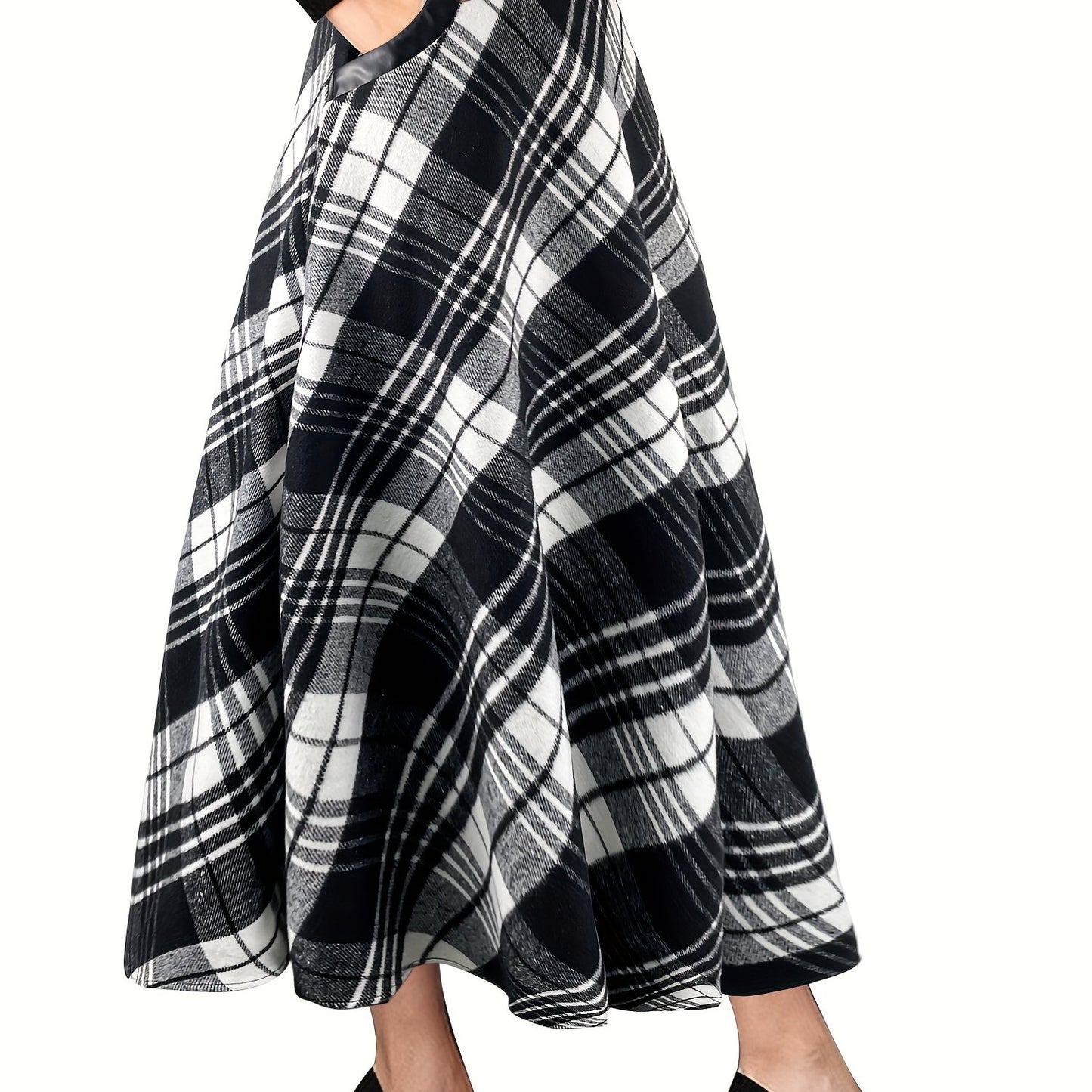 Plaid High Waist Maxi Skirt, Elegant Flared Warm Skirt For Fall & Winter, Women's Clothing