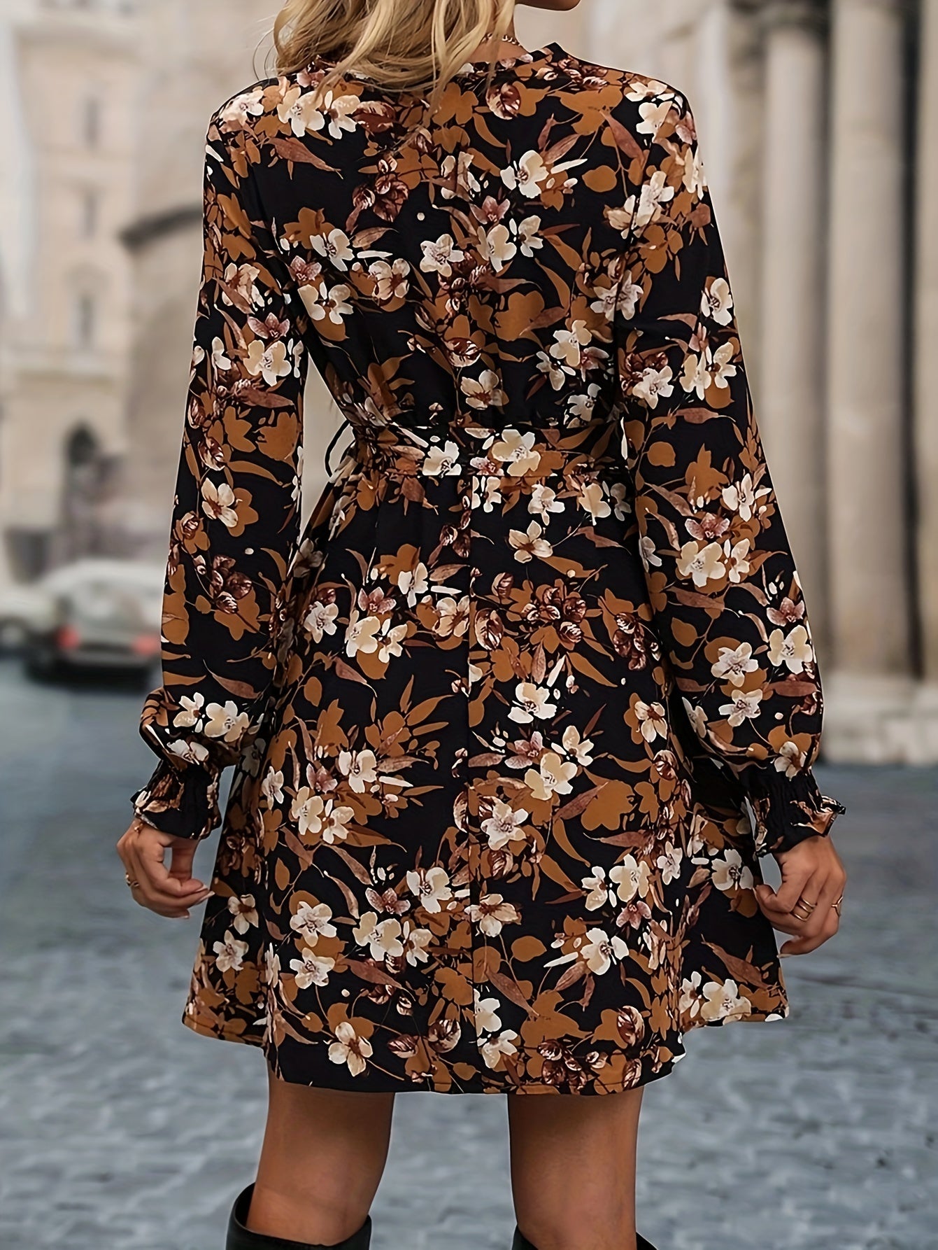 Floral Print Shirred Lantern Sleeve Dress, Casual V Neck Tie-waist Dress, Women's Clothing