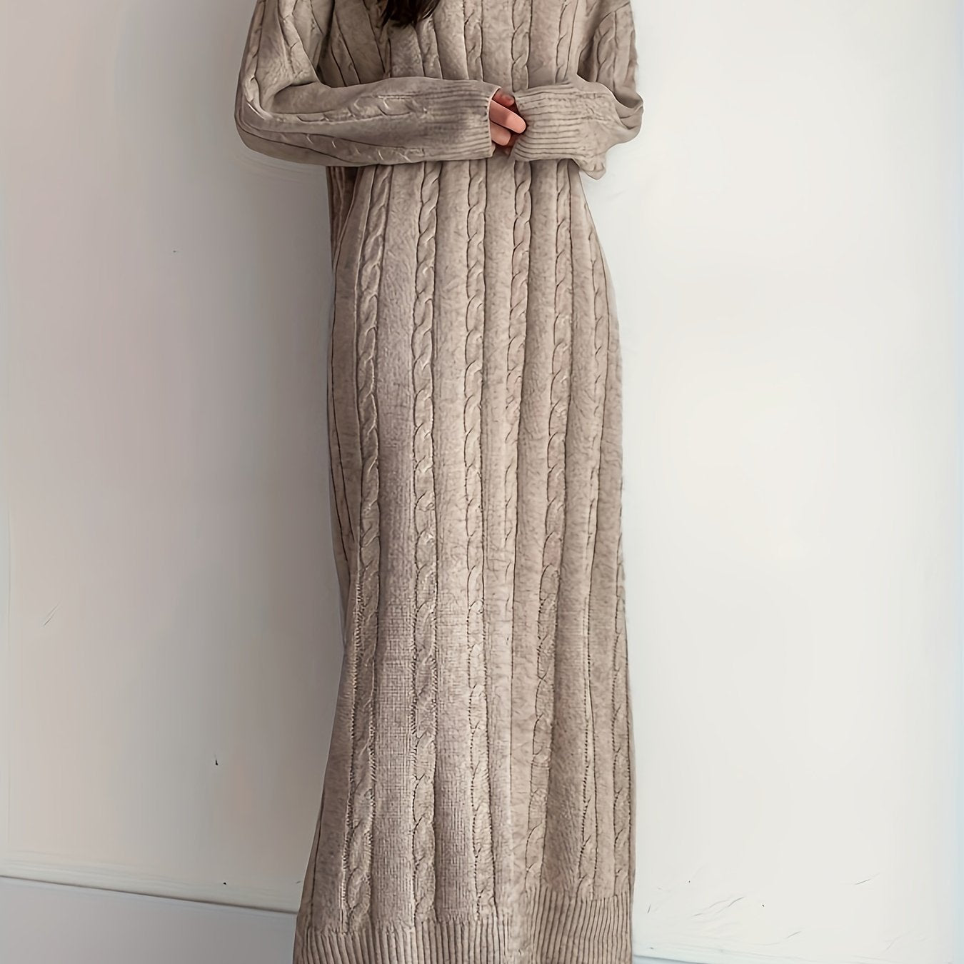 Cable Knit Maxi Dress, Elegant Crew Neck Long Sleeve Dress, Women's Clothing