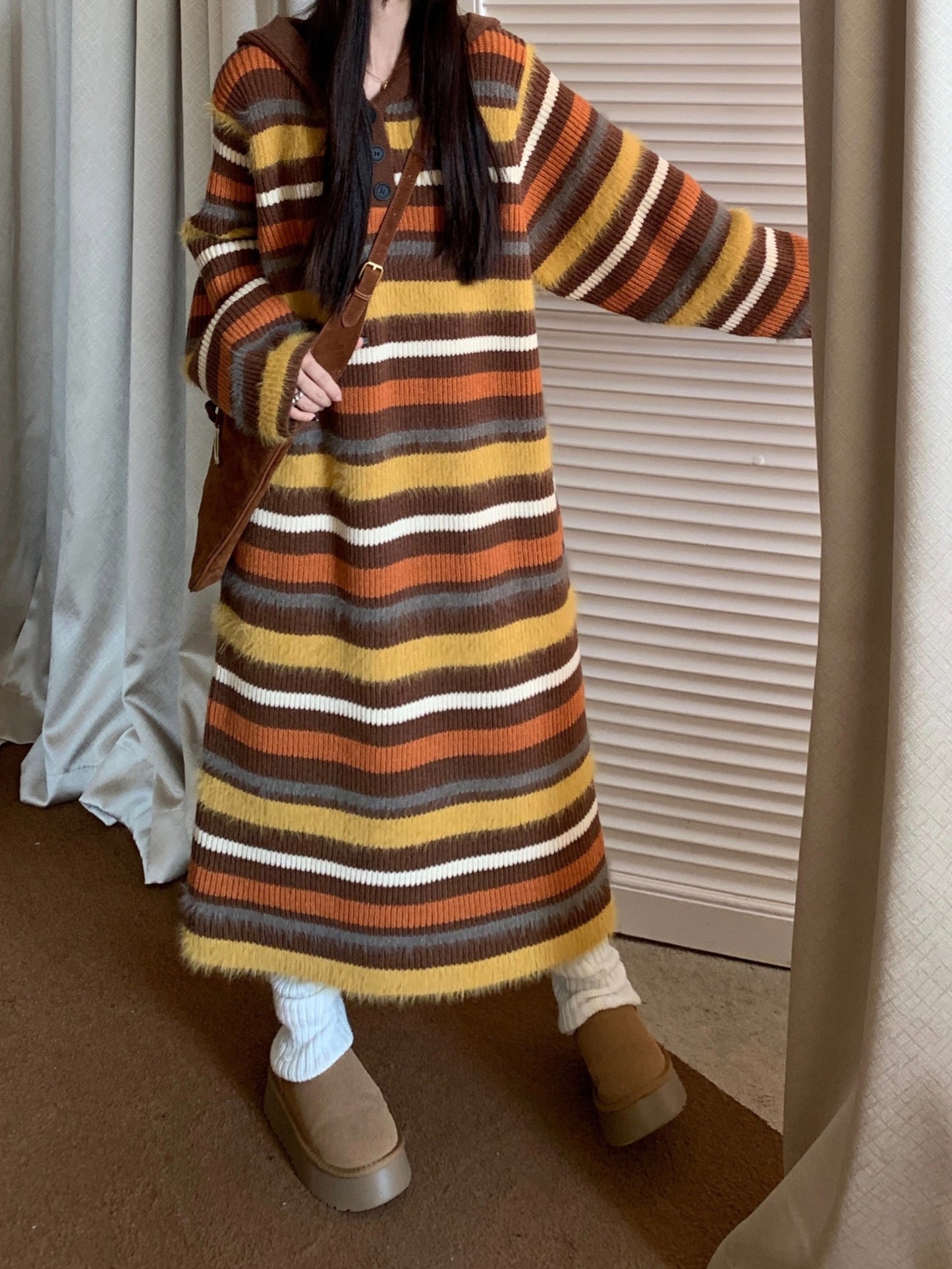 Striped Print Loose Sweater Dress, Casual Long Sleeve Dress For Fall & Winter, Women's Clothing