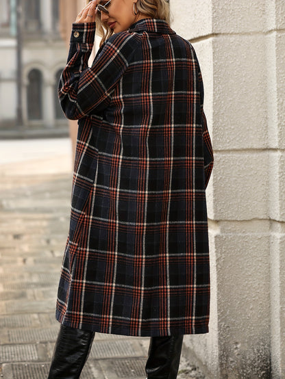 Plaid Pattern Long Length Overcoat, Casual Button Front Long Sleeve Outerwear, Women's Clothing