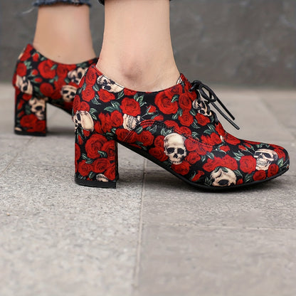 xieyinshe  Women's Skull & Rose Pattern Chunky Heels, Fashion Lace Up Outdoor Pumps, Halloween Round Toe Heels