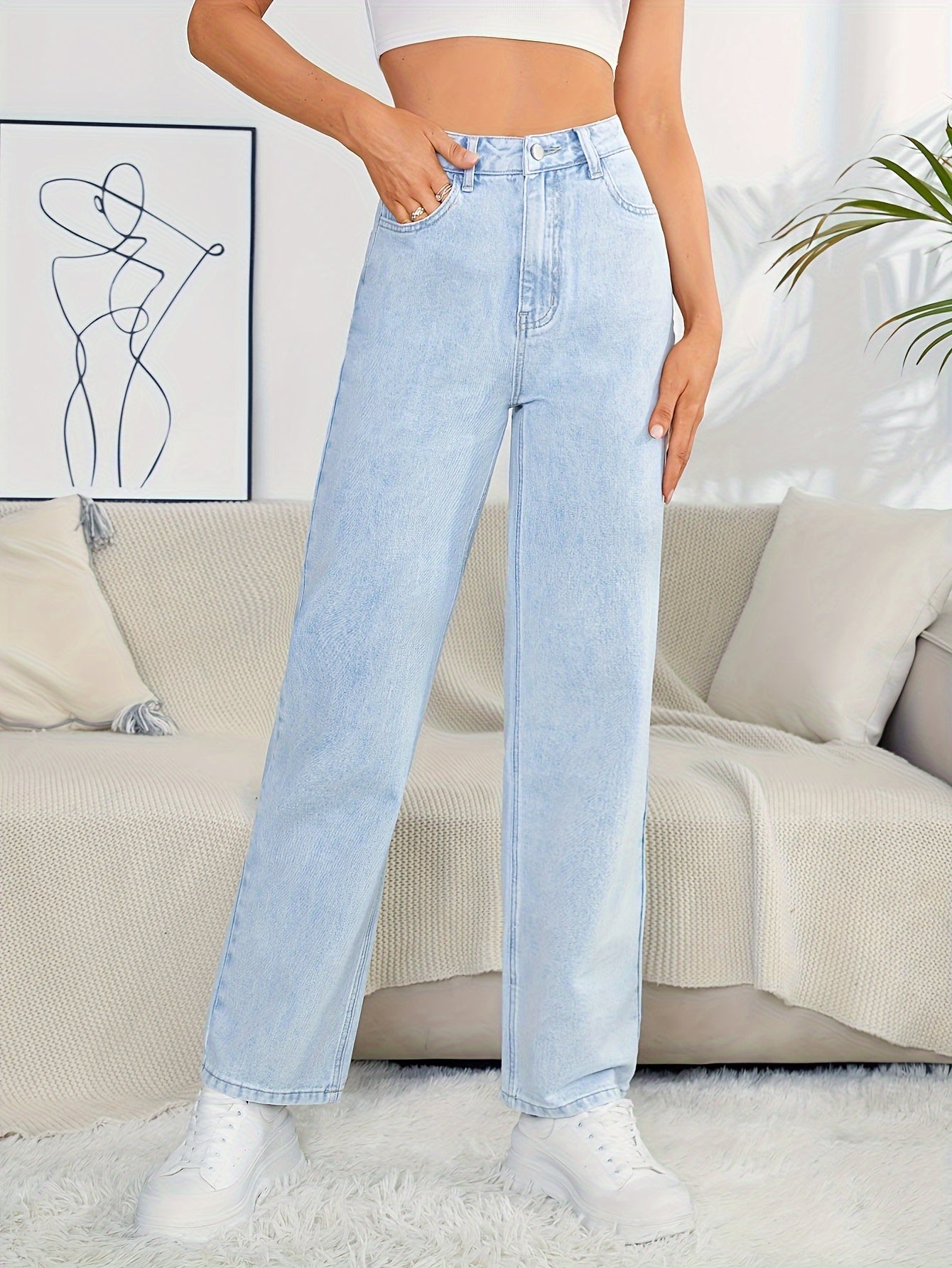 xieyinshe  Light Blue Straight Leg Jeans, High Rise Loose Casual Denim Pants With Pockets, Women's Denim Jeans & Clothing