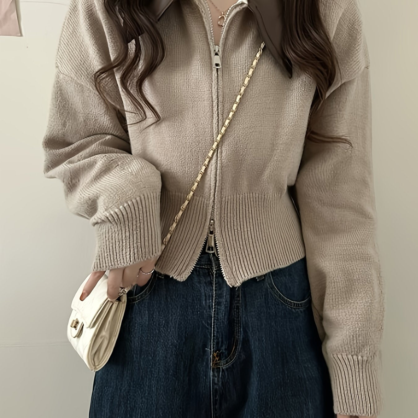 xieyinshe  Turndown Collar Zip Up Knit Cardigan, Casual Long Sleeve Drop Shoulder Sweater, Women's Clothing