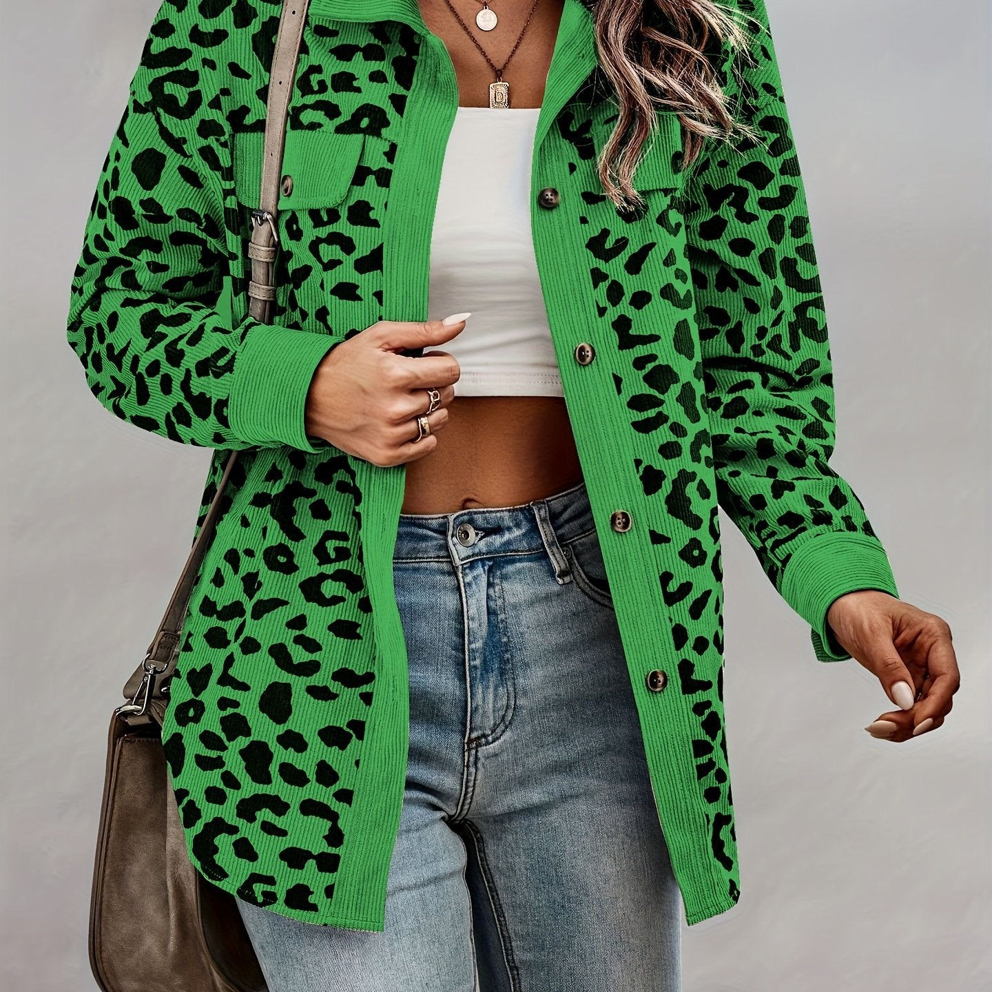 xieyinshe Leopard Print Shacket Jacket, Casual Button Front Turn Down Collar Long Sleeve Outerwear, Women's Clothing