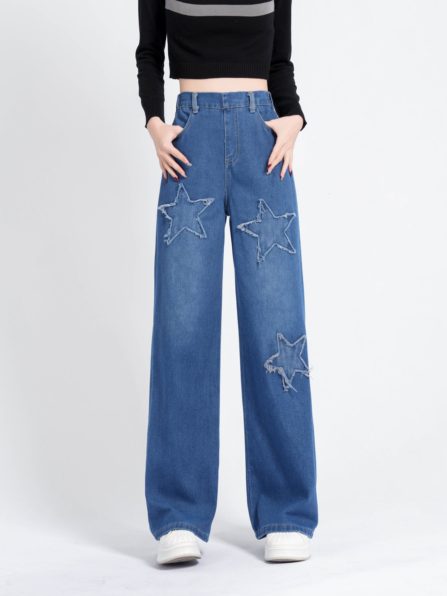 xieyinshe  Star Patchwork Wide Leg Jeans For Girls, Casual Versatile Straight Denim Trousers