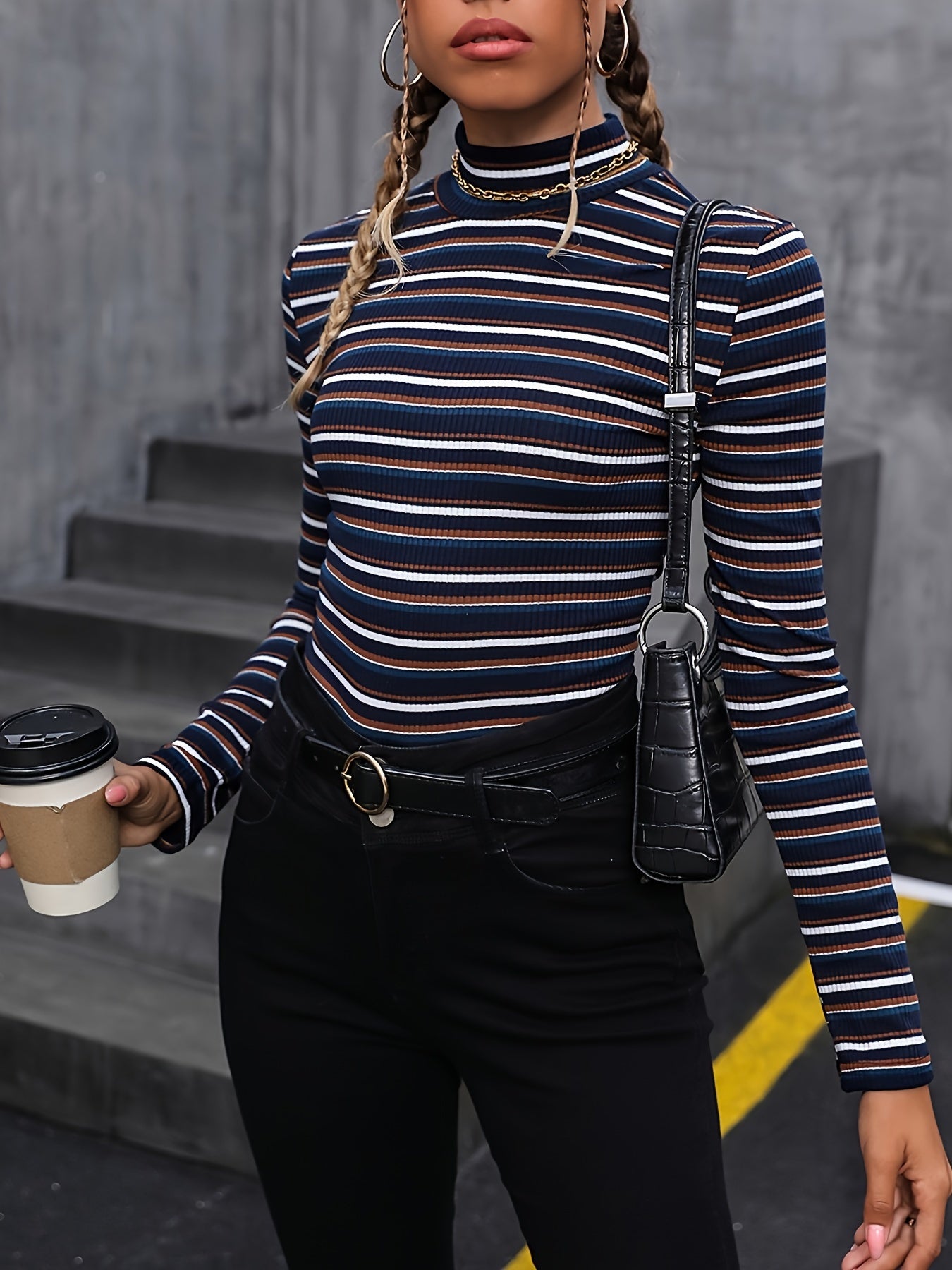 xieyinshe Striped Mock Neck Slim T-shirt, Casual Long Sleeve T-shirt For Spring & Fall, Women's Clothing